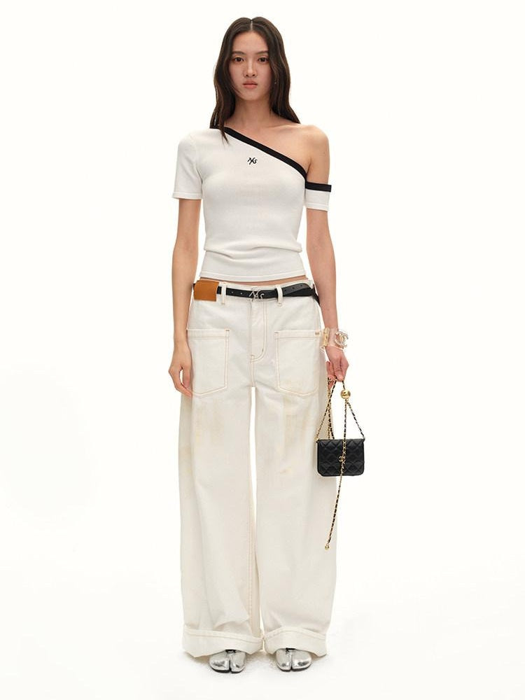 NAWSNOTAWEAR Washed Cotton Low Rise Loose Fit Button Fly For Women Snow White Wide Leg Jeans