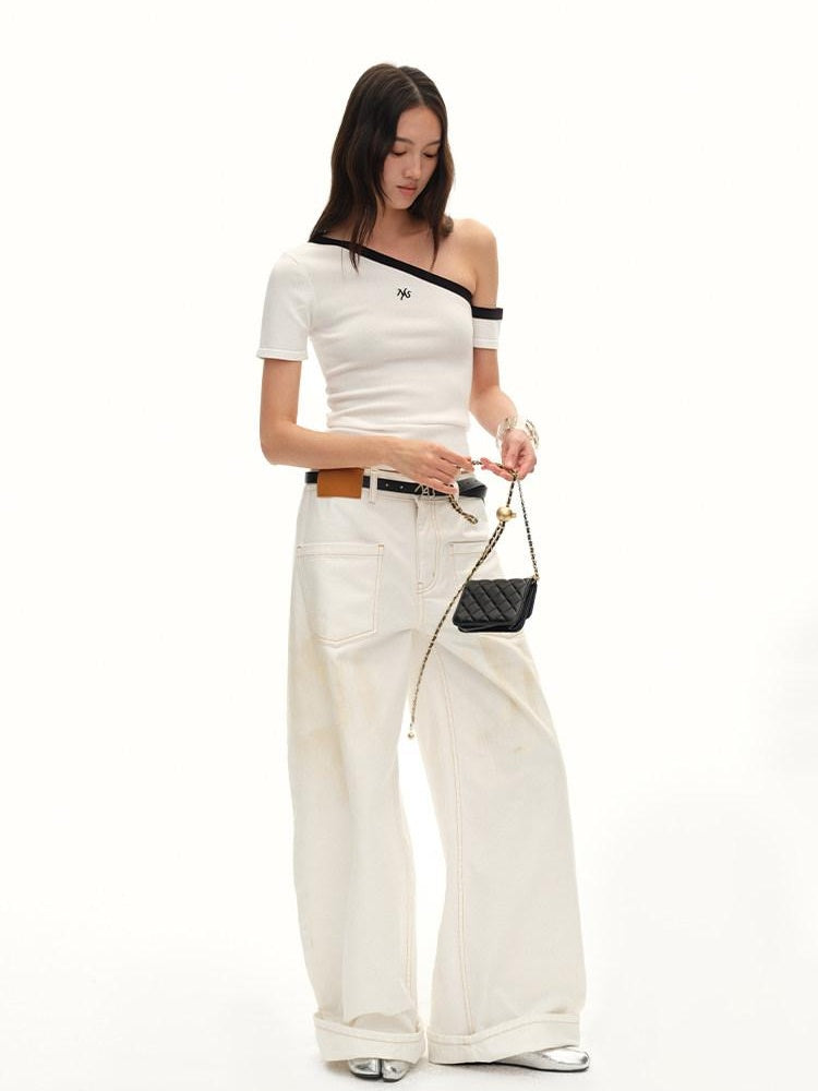 NAWSNOTAWEAR Washed Cotton Low Rise Loose Fit Button Fly For Women Snow White Wide Leg Jeans