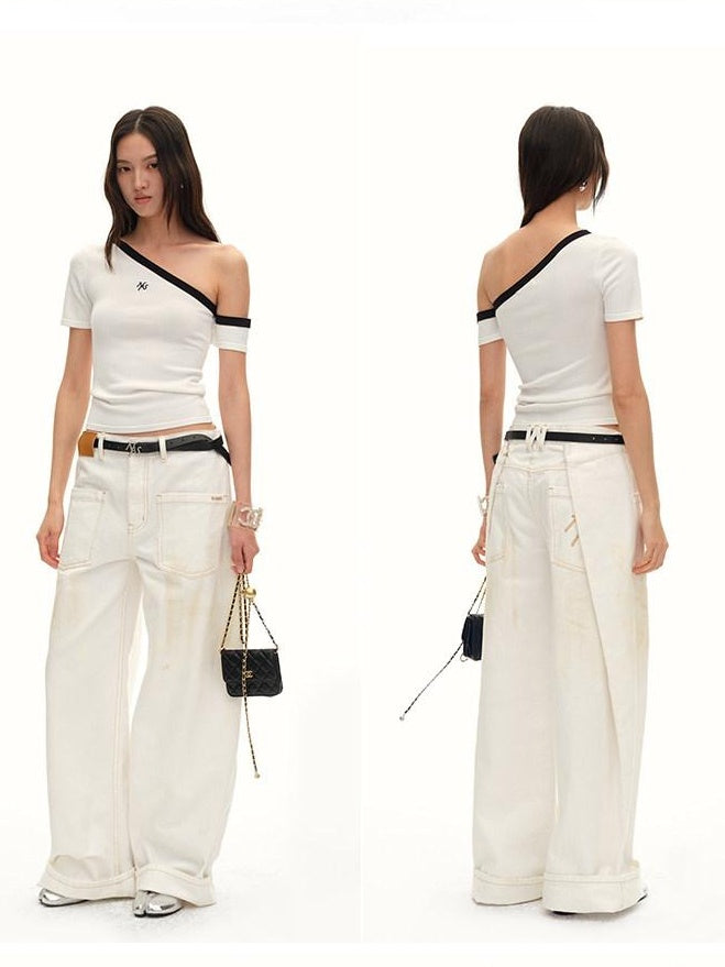 NAWSNOTAWEAR Washed Cotton Low Rise Loose Fit Button Fly For Women Snow White Wide Leg Jeans