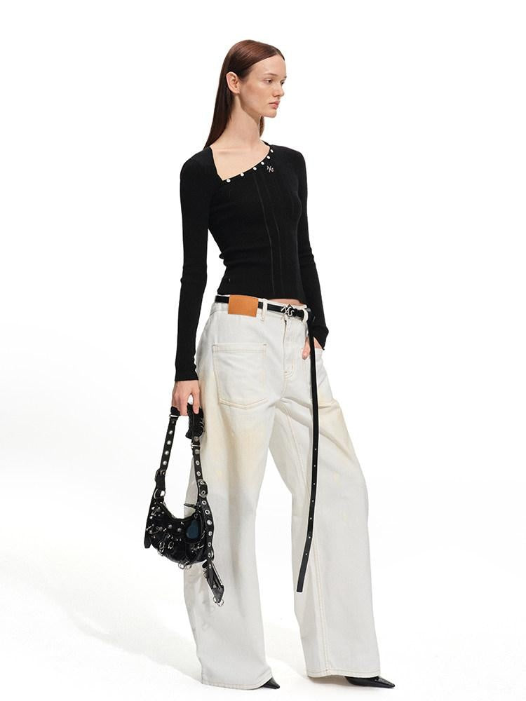 NAWSNOTAWEAR Washed Cotton Low Rise Loose Fit Button Fly For Women Snow White Wide Leg Jeans
