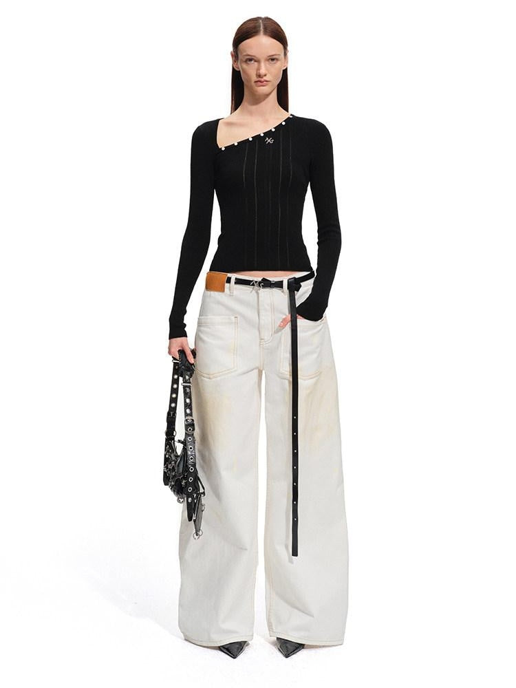 NAWSNOTAWEAR Washed Cotton Low Rise Loose Fit Button Fly For Women Snow White Wide Leg Jeans