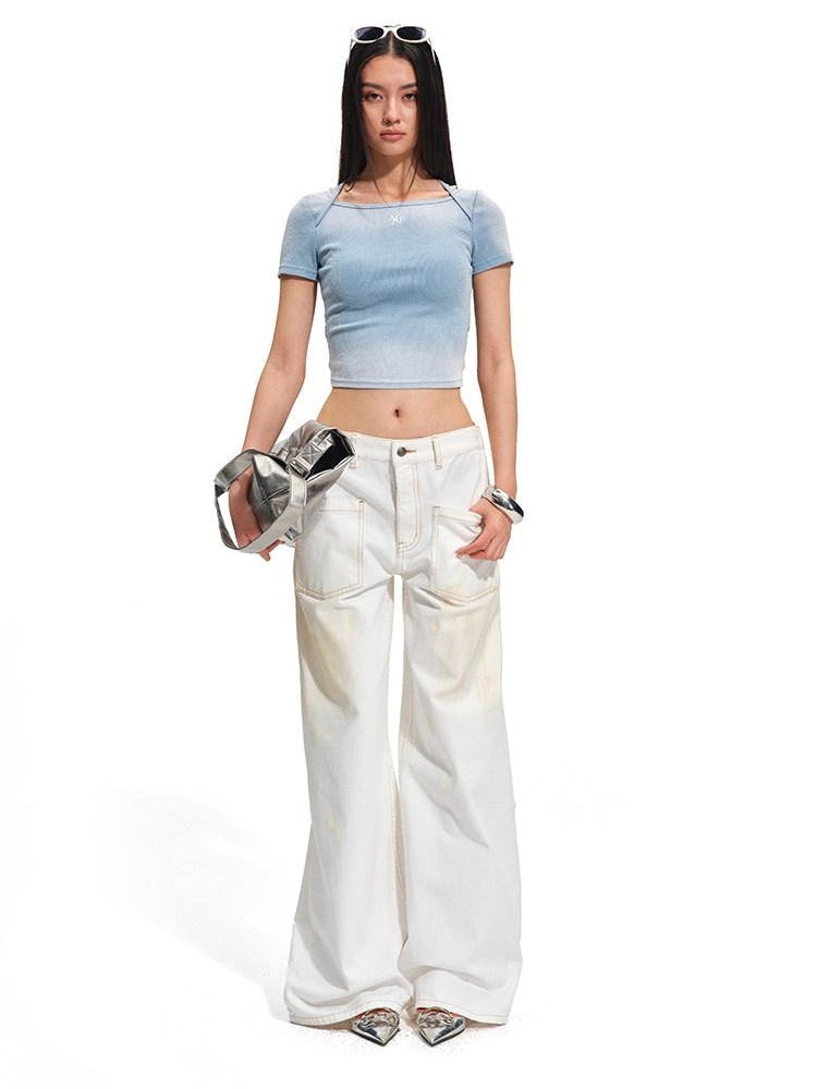 NAWSNOTAWEAR Washed Cotton Low Rise Loose Fit Button Fly For Women Snow White Wide Leg Jeans