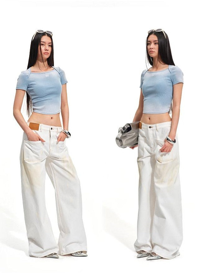 NAWSNOTAWEAR Washed Cotton Low Rise Loose Fit Button Fly For Women Snow White Wide Leg Jeans