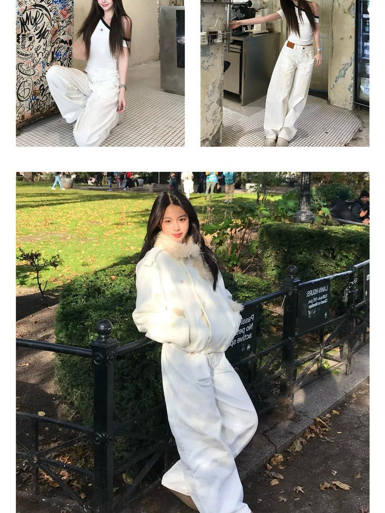 NAWSNOTAWEAR Washed Cotton Low Rise Loose Fit Button Fly For Women Snow White Wide Leg Jeans