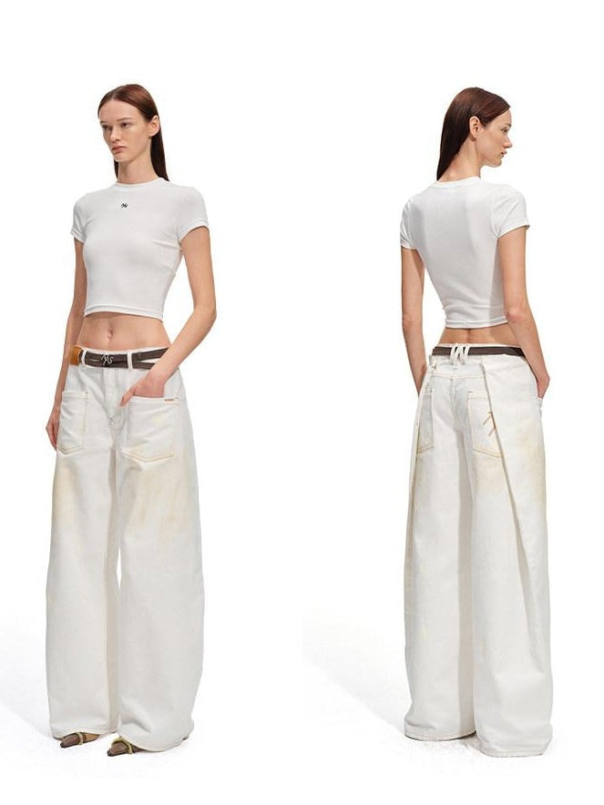 NAWSNOTAWEAR Washed Cotton Low Rise Loose Fit Button Fly For Women Snow White Wide Leg Jeans