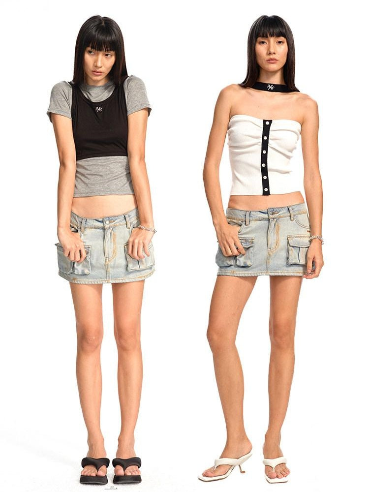 NAWSNOTAWEAR Washed Cotton Low Waist Asymmetric H Line Casual Women Citywalk Mini Skirts