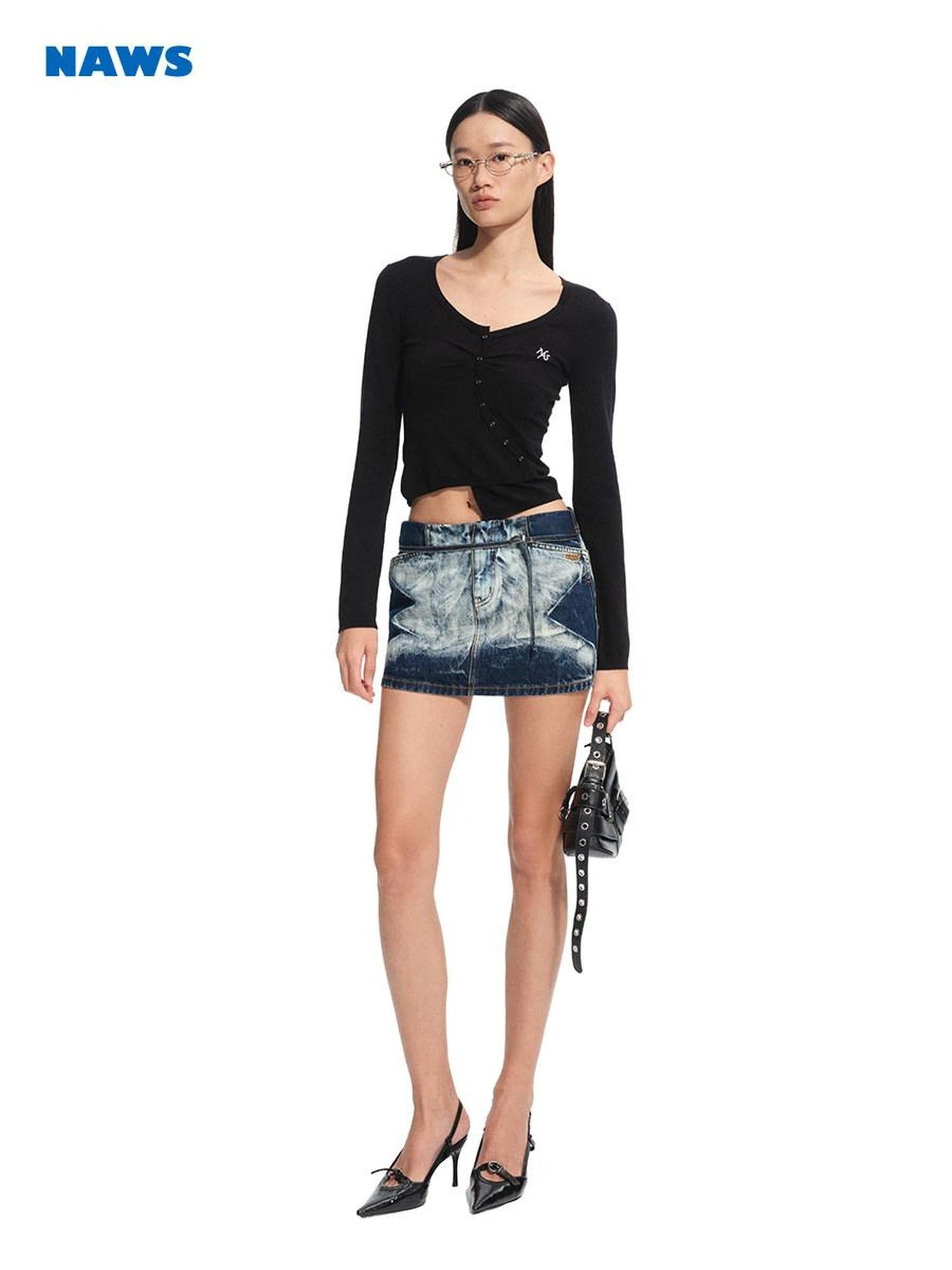 NAWSNOTAWEAR Washed Cotton Ruched Low Rise Bodycon Casual Women Storm Blue Mini Skirts
