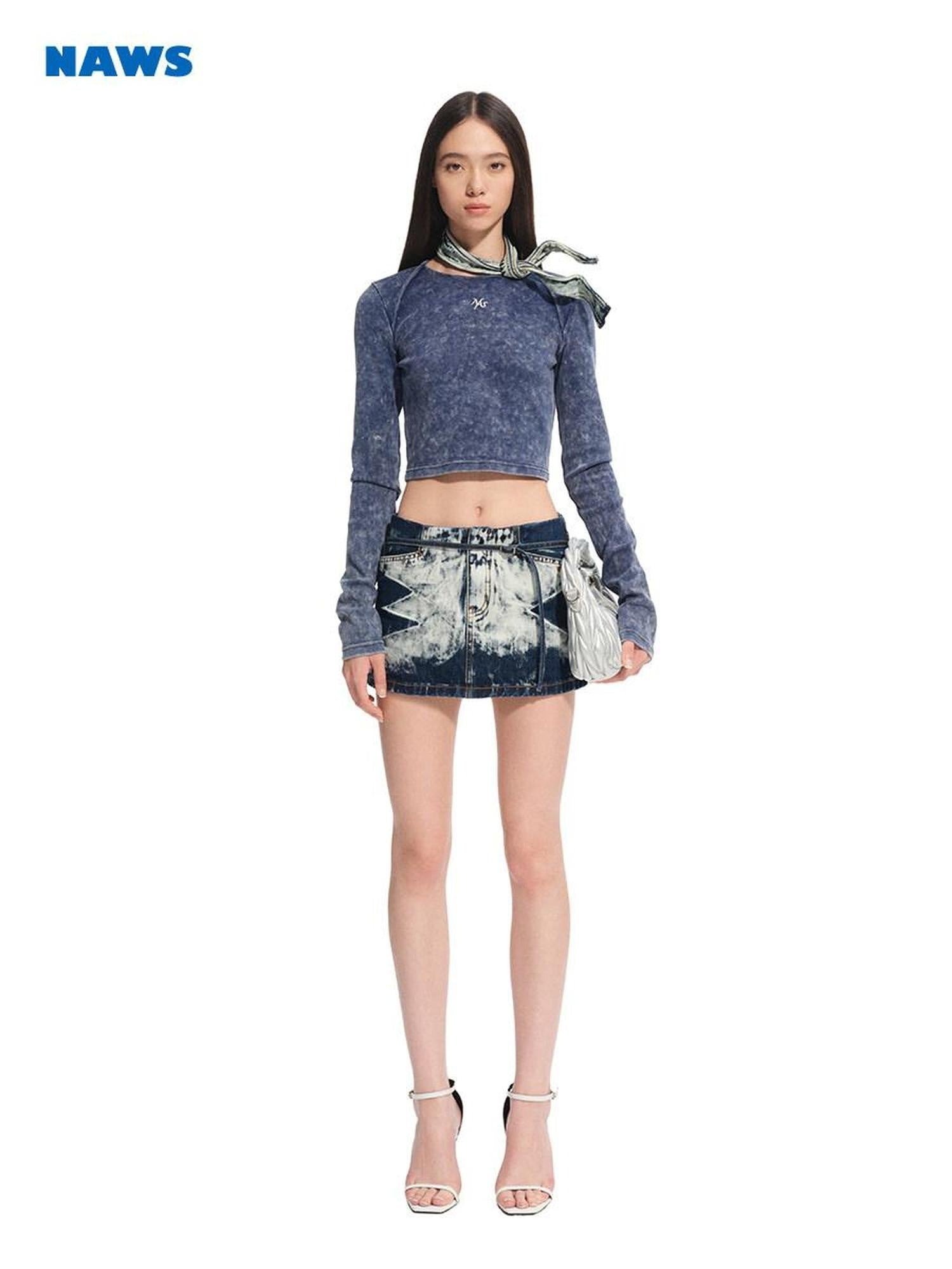 NAWSNOTAWEAR Washed Cotton Ruched Low Rise Bodycon Casual Women Storm Blue Mini Skirts