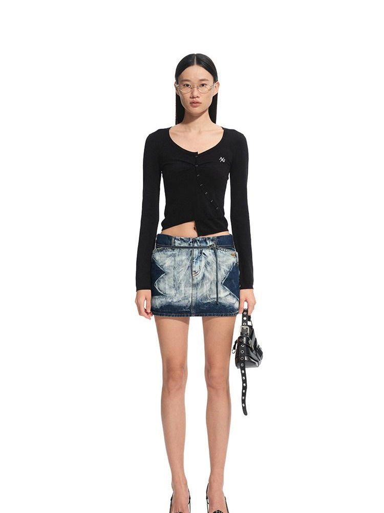 NAWSNOTAWEAR Washed Cotton Ruched Low Rise Bodycon Casual Women Storm Blue Mini Skirts