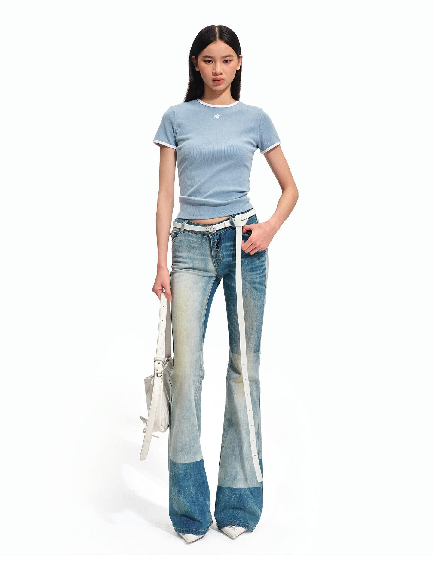 NAWSNOTAWEAR Washed High Stretch Slight Flare Natural Waist Galaxy Blue Flared Jeans