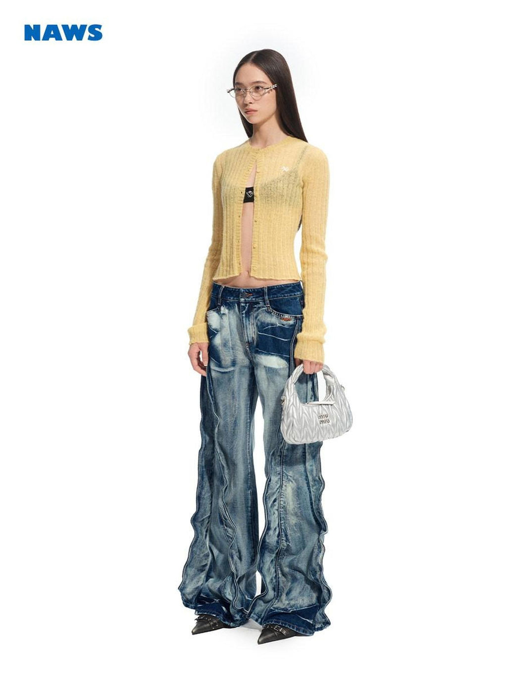 NAWSNOTAWEAR Washed Low Rise Drawstring Loose Cotton Women Storm Blue Straight Leg Jeans
