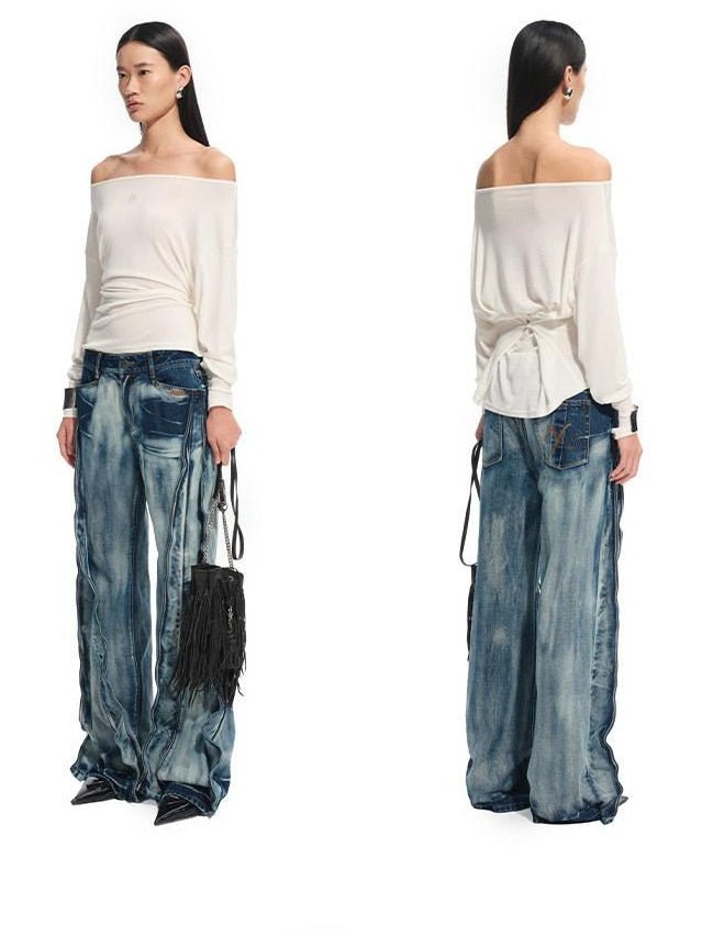 NAWSNOTAWEAR Washed Low Rise Drawstring Loose Cotton Women Storm Blue Straight Leg Jeans