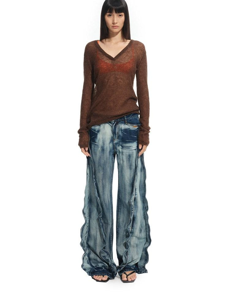 NAWSNOTAWEAR Washed Low Rise Drawstring Loose Cotton Women Storm Blue Straight Leg Jeans