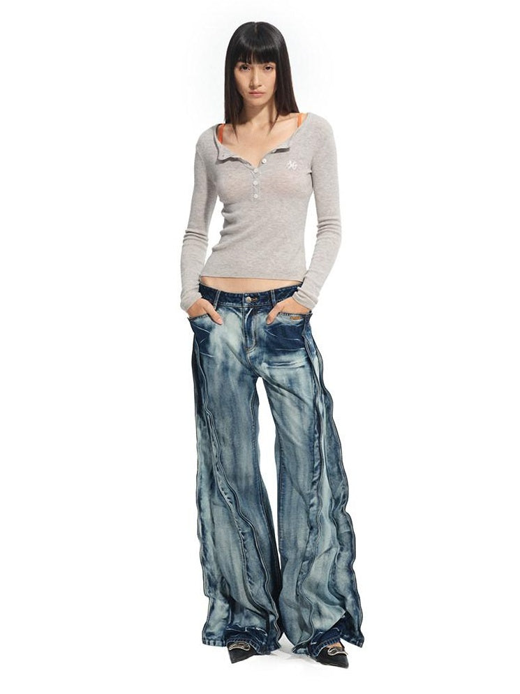 NAWSNOTAWEAR Washed Low Rise Drawstring Loose Cotton Women Storm Blue Straight Leg Jeans