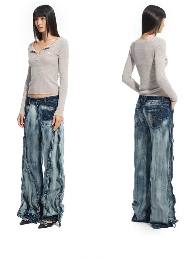 NAWSNOTAWEAR Washed Low Rise Drawstring Loose Cotton Women Storm Blue Straight Leg Jeans