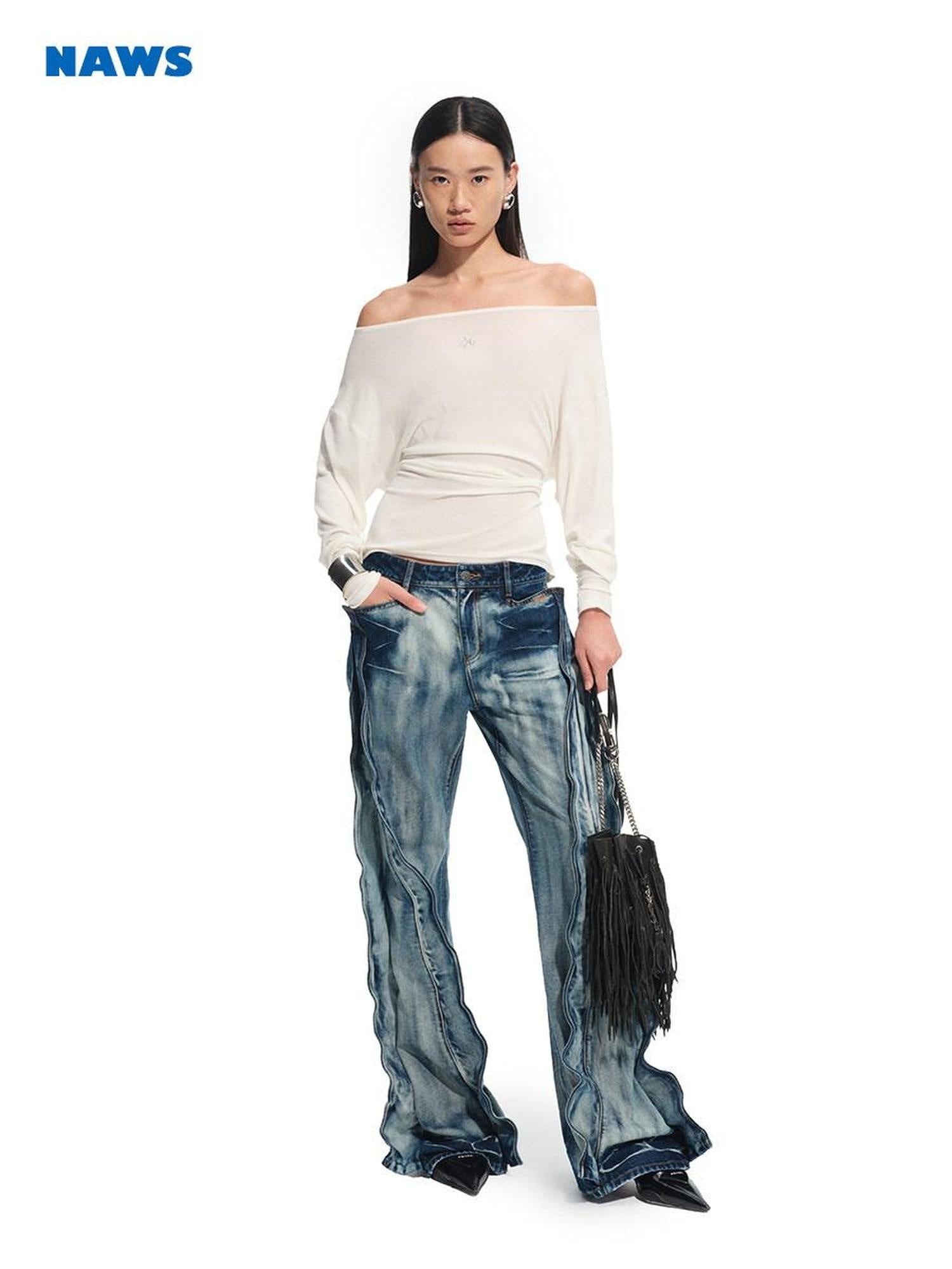 NAWSNOTAWEAR Washed Low Rise Drawstring Loose Cotton Women Storm Blue Straight Leg Jeans