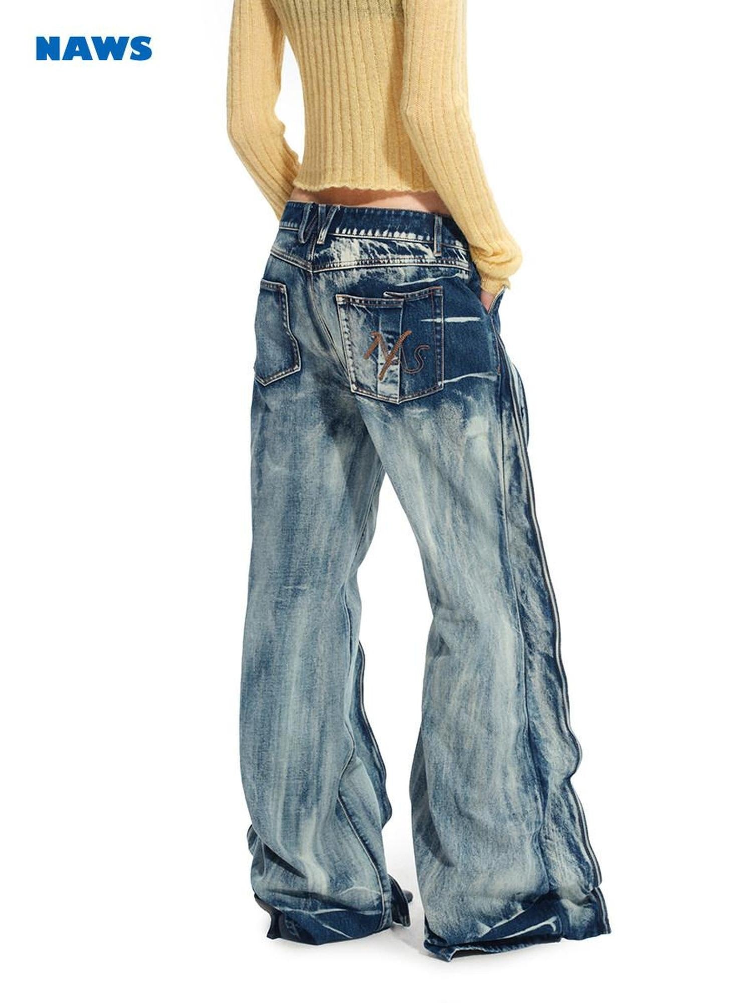 NAWSNOTAWEAR Washed Low Rise Drawstring Loose Cotton Women Storm Blue Straight Leg Jeans