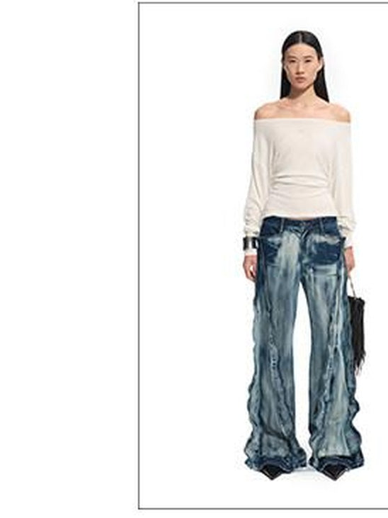 NAWSNOTAWEAR Washed Low Rise Drawstring Loose Cotton Women Storm Blue Straight Leg Jeans