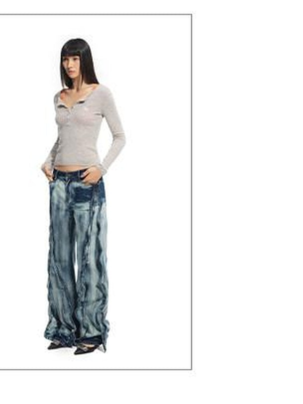 NAWSNOTAWEAR Washed Low Rise Drawstring Loose Cotton Women Storm Blue Straight Leg Jeans