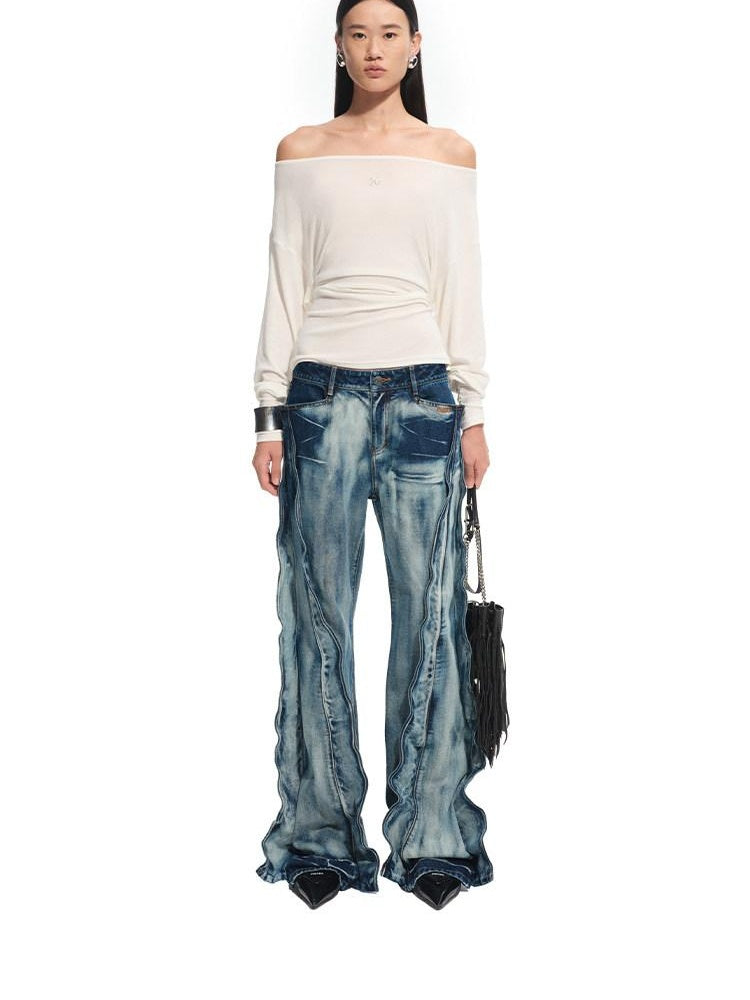 NAWSNOTAWEAR Washed Low Rise Drawstring Loose Cotton Women Storm Blue Straight Leg Jeans