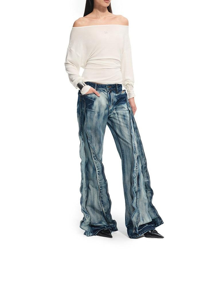 NAWSNOTAWEAR Washed Low Rise Drawstring Loose Cotton Women Storm Blue Straight Leg Jeans