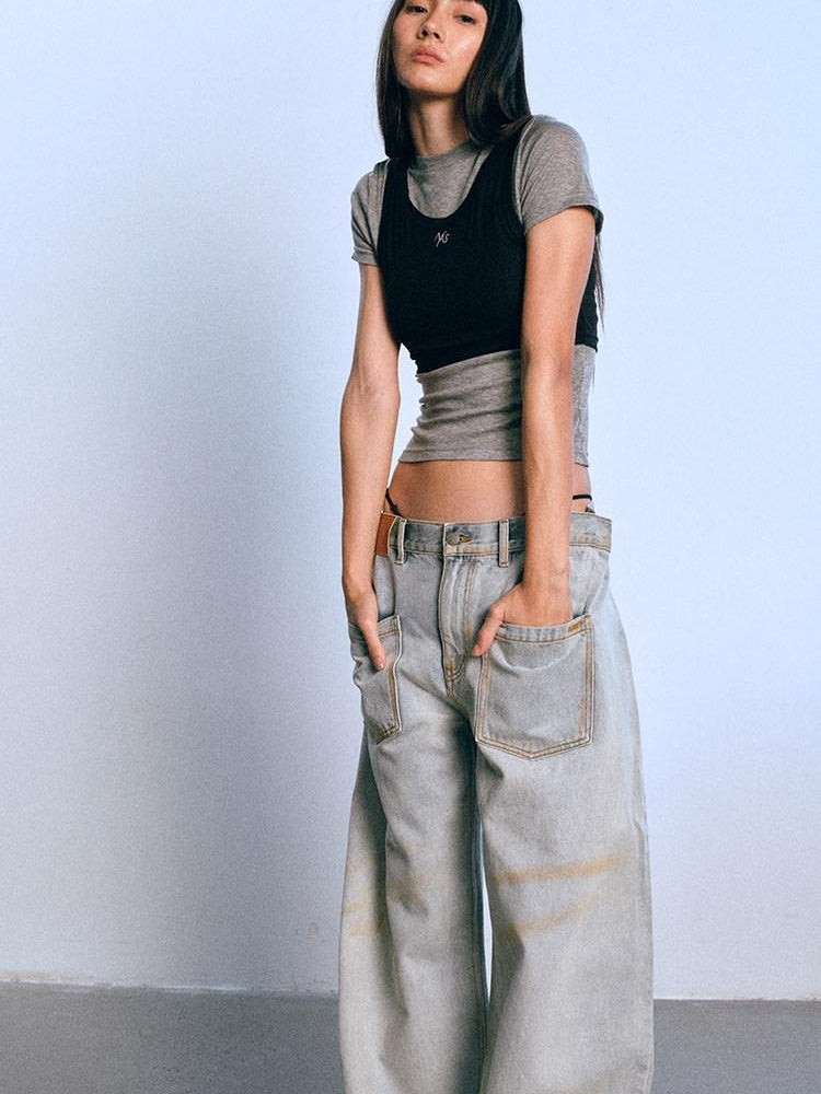 NAWSNOTAWEAR Washed Low Rise Glacier Blue Casual Loose Fit Zipper Wide Leg Jeans