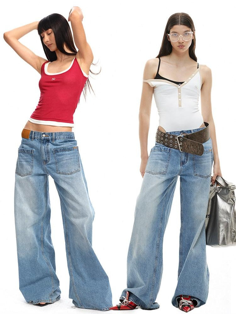 NAWSNOTAWEAR Washed Low Rise Glacier Blue Casual Loose Fit Zipper Wide Leg Jeans