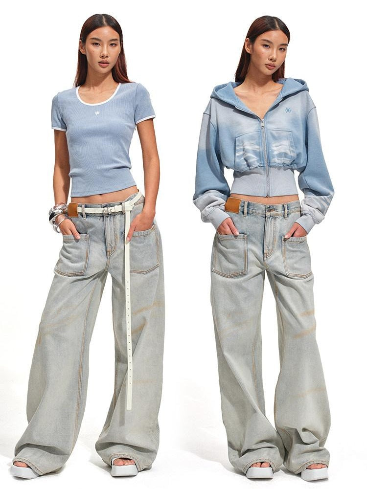 NAWSNOTAWEAR Washed Low Rise Glacier Blue Casual Loose Fit Zipper Wide Leg Jeans
