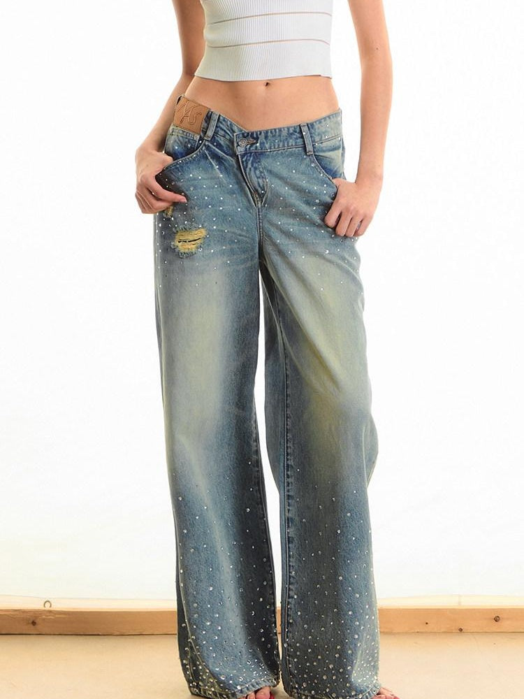 NAWSNOTAWEAR Washed Ripped Natural Waist Loose Fit Pear Fit Starlight Blue Wide Leg Jeans
