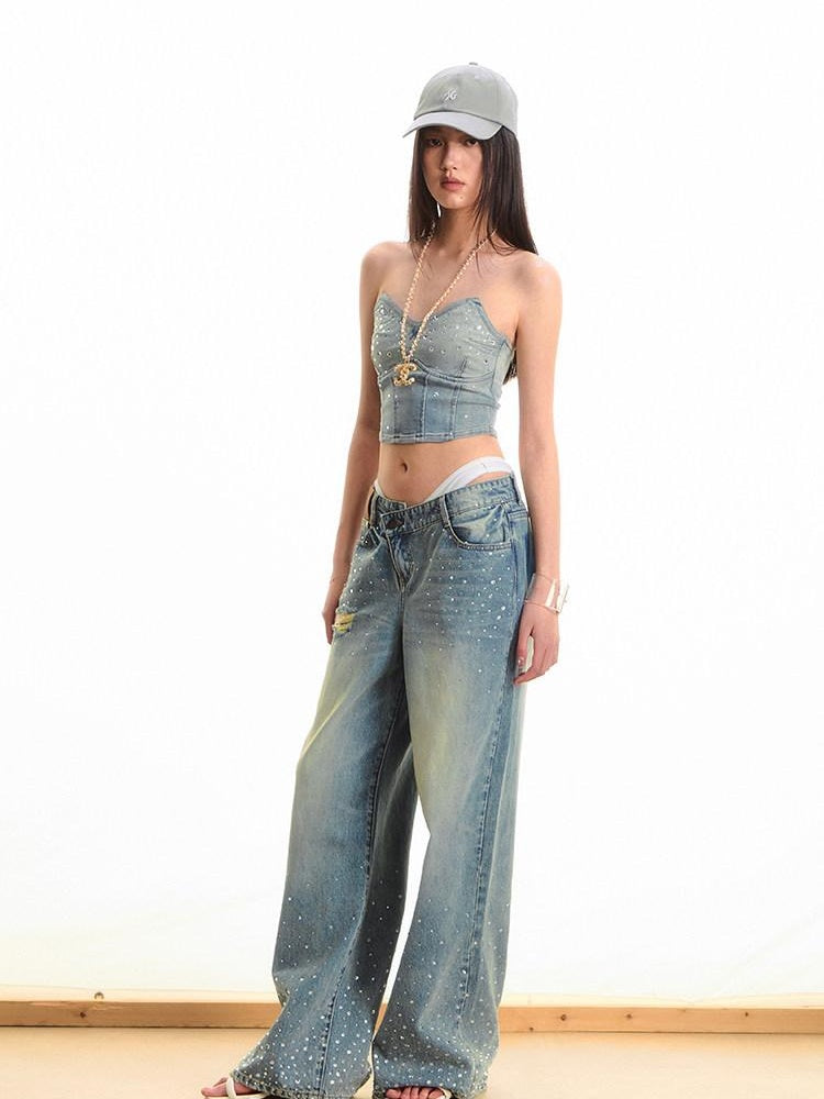 NAWSNOTAWEAR Washed Ripped Natural Waist Loose Fit Pear Fit Starlight Blue Wide Leg Jeans