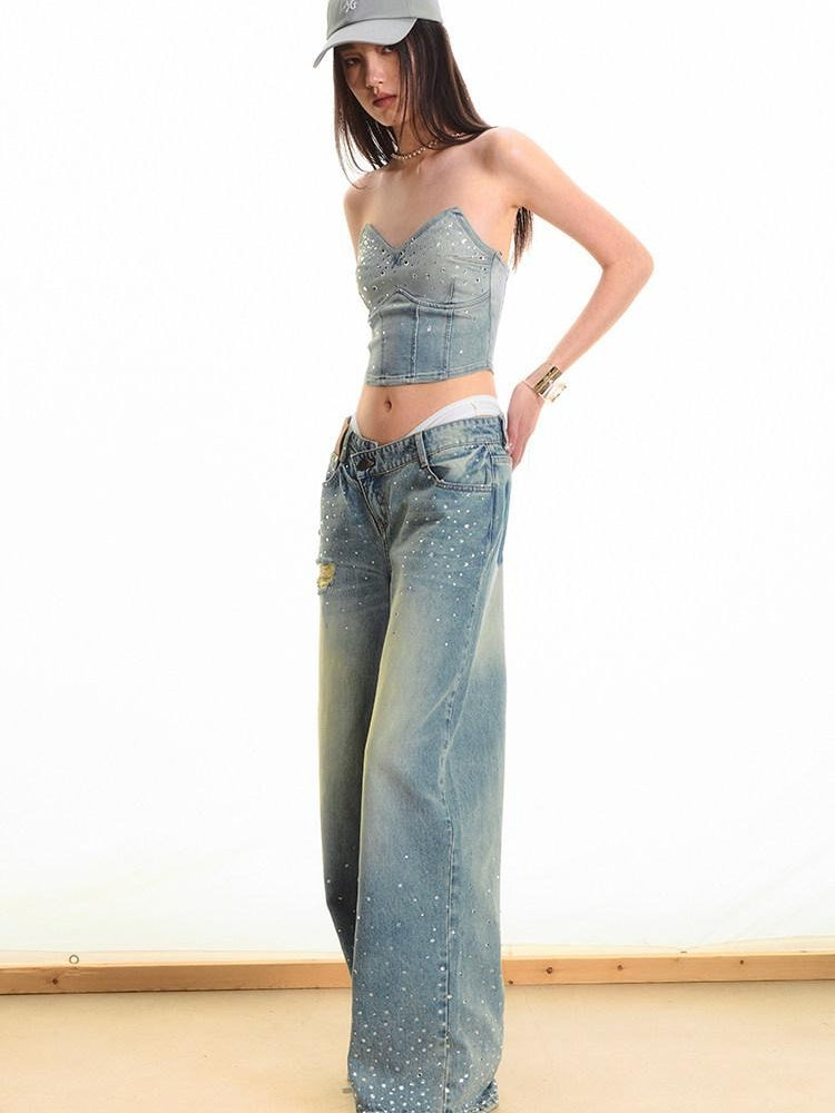 NAWSNOTAWEAR Washed Ripped Natural Waist Loose Fit Pear Fit Starlight Blue Wide Leg Jeans