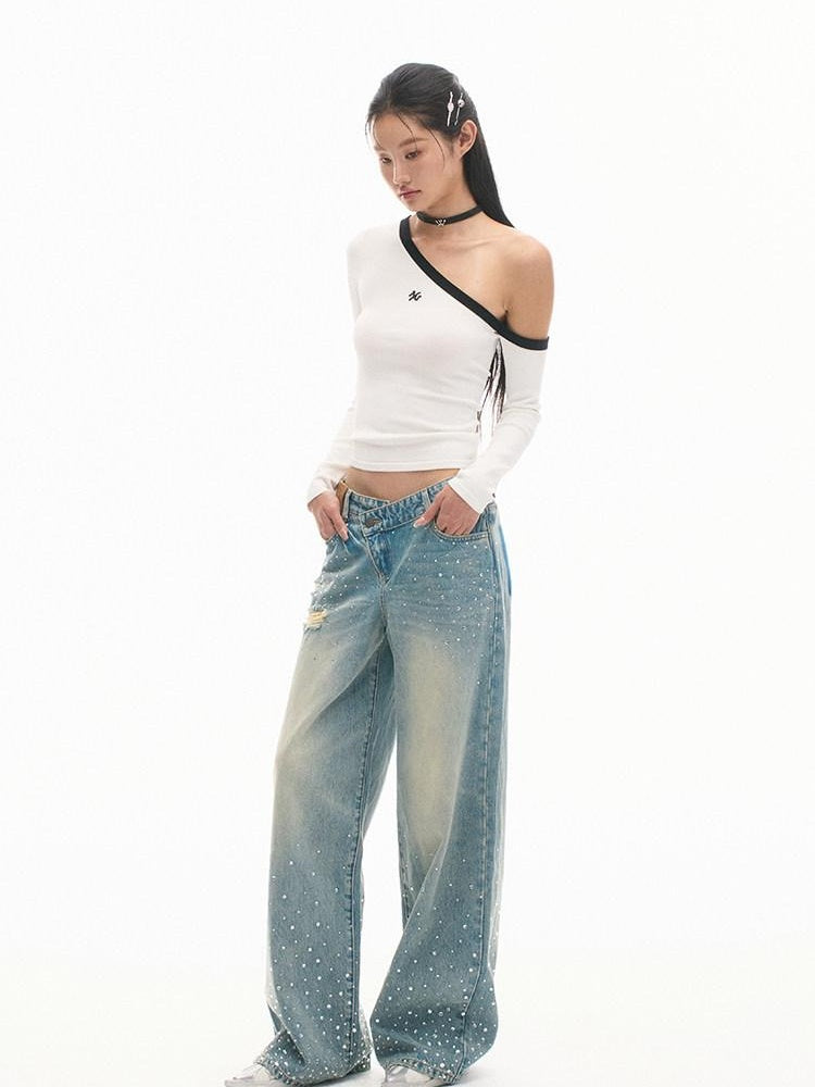 NAWSNOTAWEAR Washed Ripped Natural Waist Loose Fit Pear Fit Starlight Blue Wide Leg Jeans