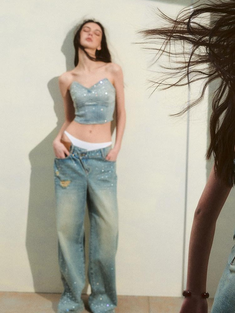 NAWSNOTAWEAR Washed Ripped Natural Waist Loose Fit Pear Fit Starlight Blue Wide Leg Jeans