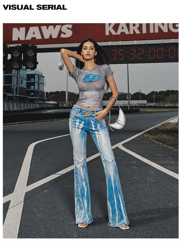 NAWSNOTAWEAR Washed Slim Natural Waist Micro Stretch Casual Light Sky Blue Denim Flared Jeans