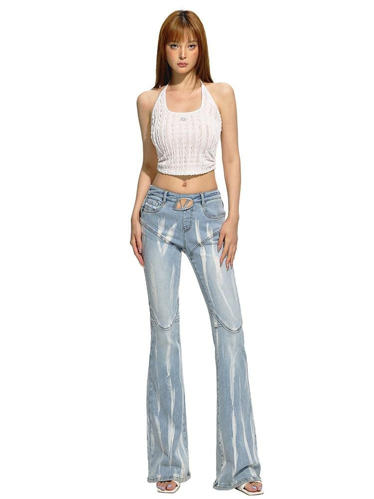 NAWSNOTAWEAR Washed Slim Natural Waist Micro Stretch Casual Light Sky Blue Denim Flared Jeans