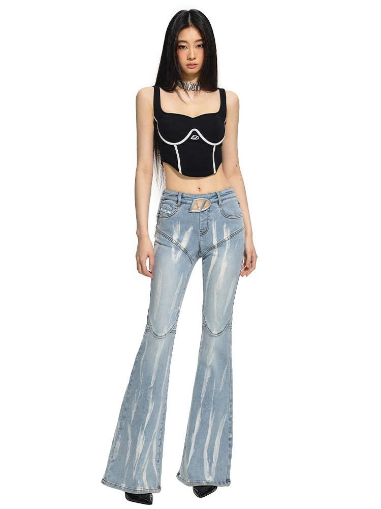 NAWSNOTAWEAR Washed Slim Natural Waist Micro Stretch Casual Light Sky Blue Denim Flared Jeans