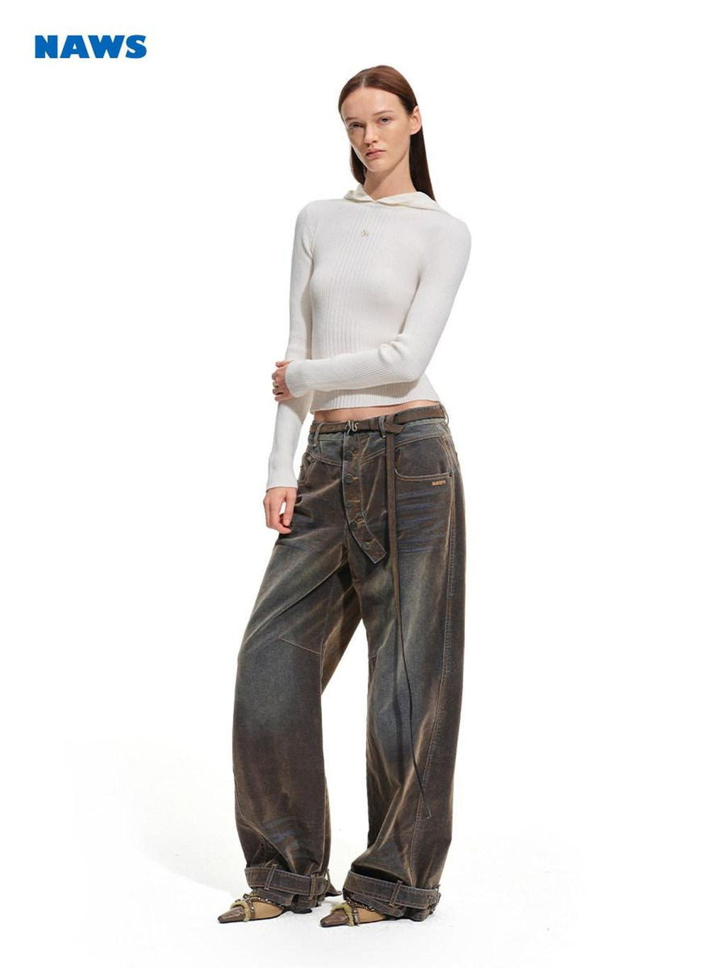 NAWSNOTAWEAR Washed Vintage Low Rise Pocket Cotton Button Fly Tea Brown Women Wide Leg Jeans