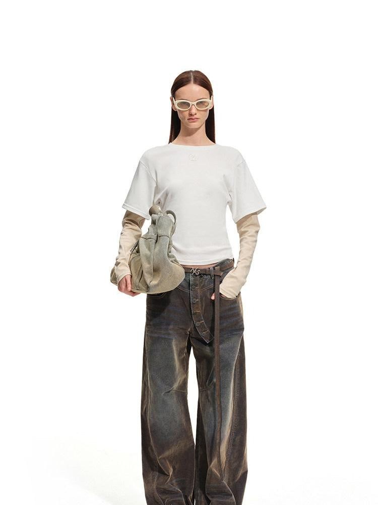 NAWSNOTAWEAR Washed Vintage Low Rise Pocket Cotton Button Fly Tea Brown Women Wide Leg Jeans
