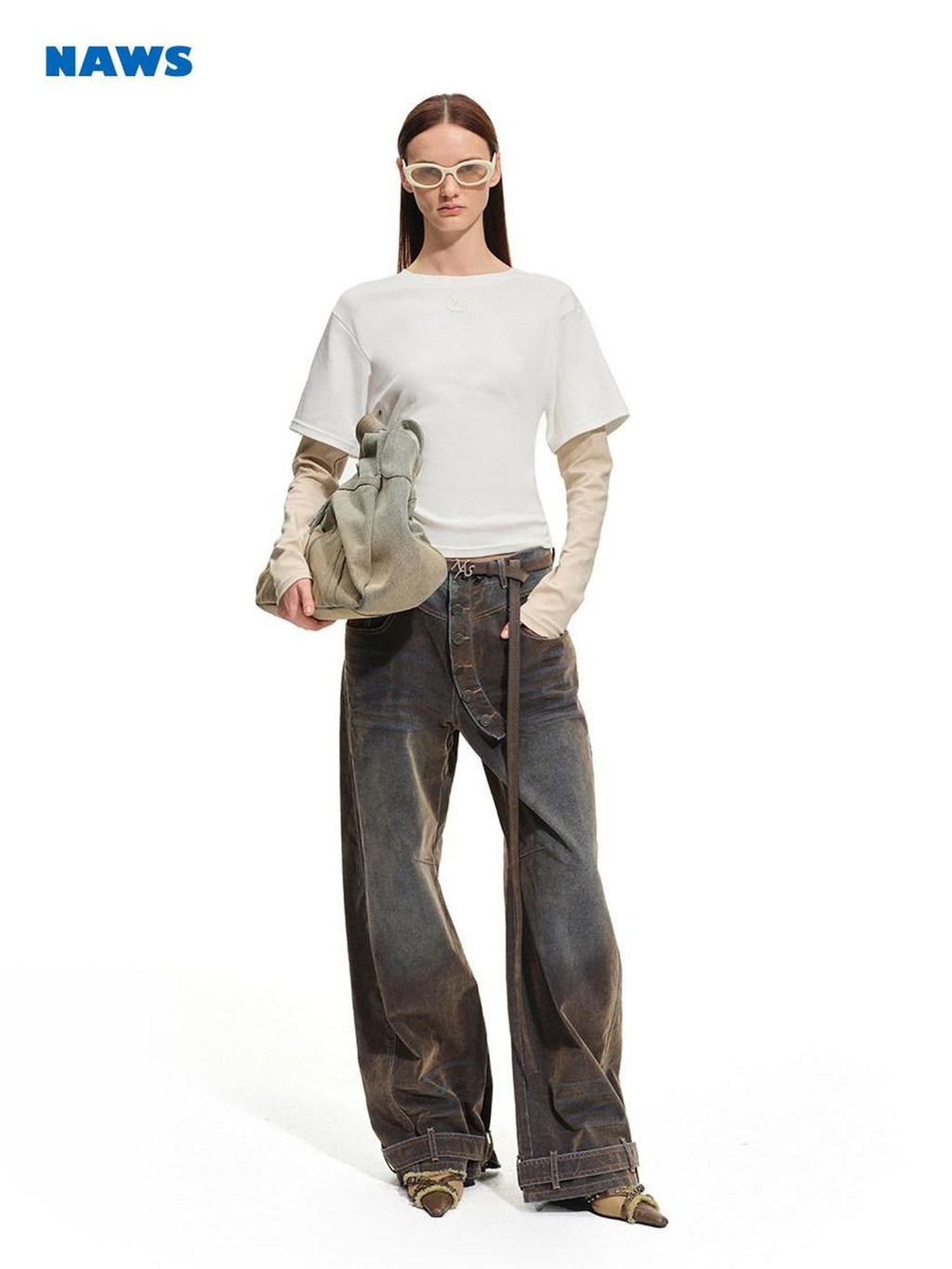 NAWSNOTAWEAR Washed Vintage Low Rise Pocket Cotton Button Fly Tea Brown Women Wide Leg Jeans