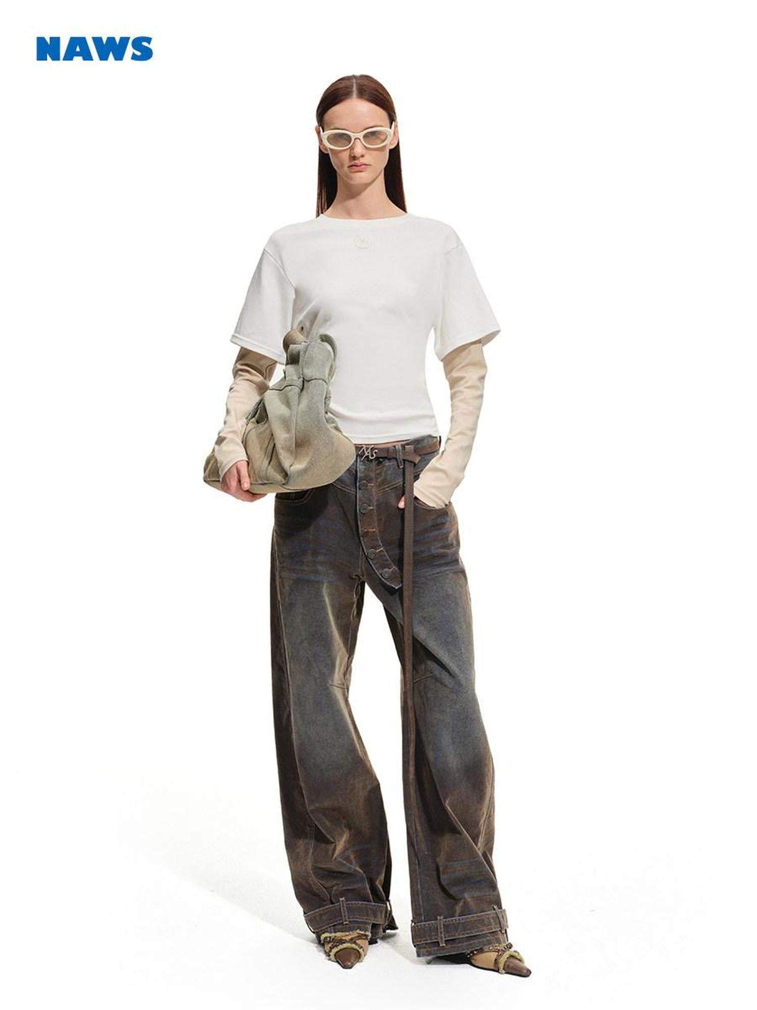 NAWSNOTAWEAR Washed Vintage Low Rise Pocket Cotton Button Fly Tea Brown Women Wide Leg Jeans