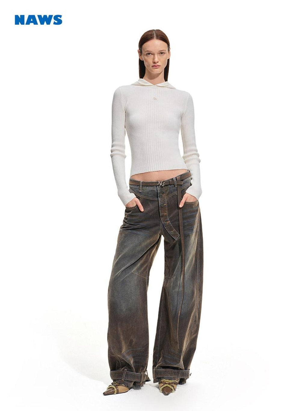 NAWSNOTAWEAR Washed Vintage Low Rise Pocket Cotton Button Fly Tea Brown Women Wide Leg Jeans