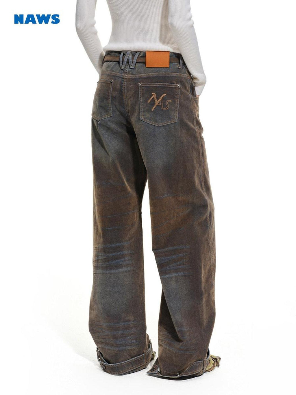 NAWSNOTAWEAR Washed Vintage Low Rise Pocket Cotton Button Fly Tea Brown Women Wide Leg Jeans
