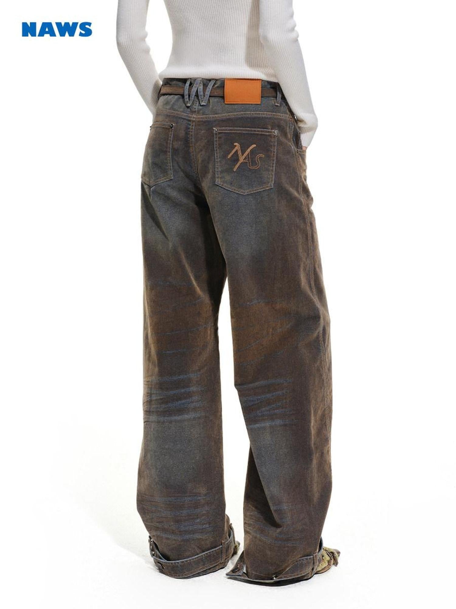 NAWSNOTAWEAR Washed Vintage Low Rise Pocket Cotton Button Fly Tea Brown Women Wide Leg Jeans