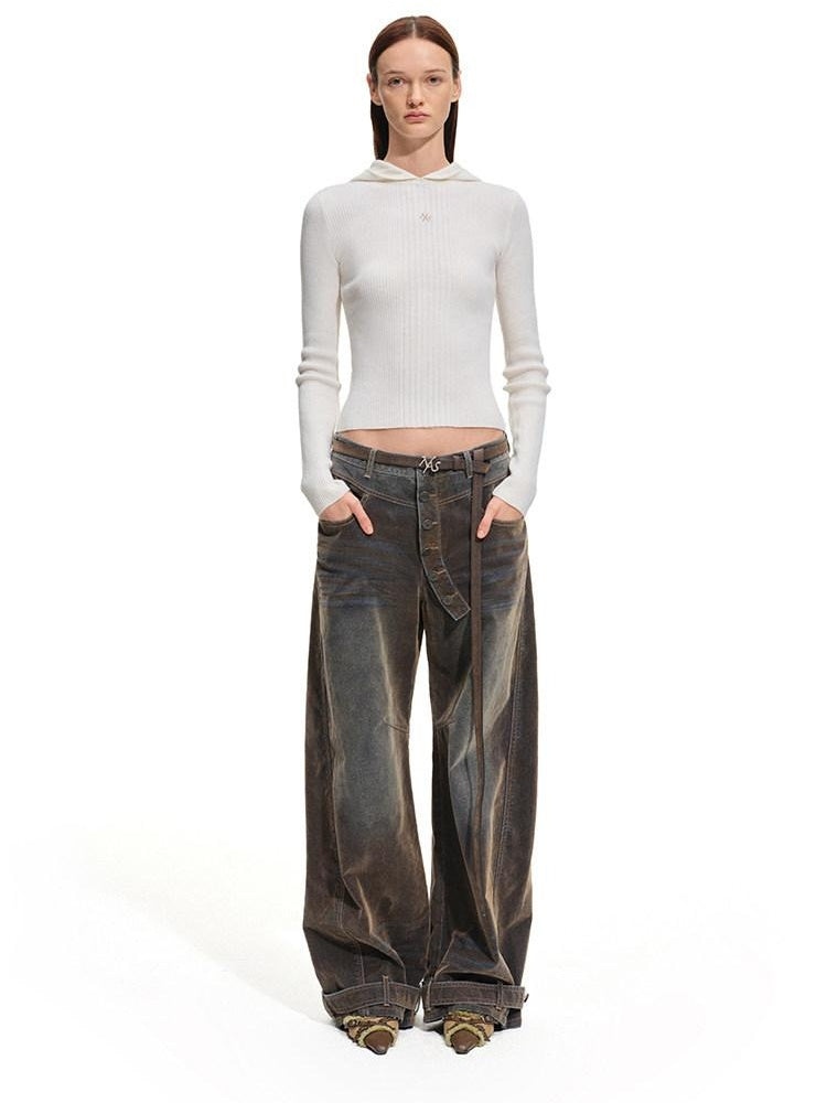 NAWSNOTAWEAR Washed Vintage Low Rise Pocket Cotton Button Fly Tea Brown Women Wide Leg Jeans