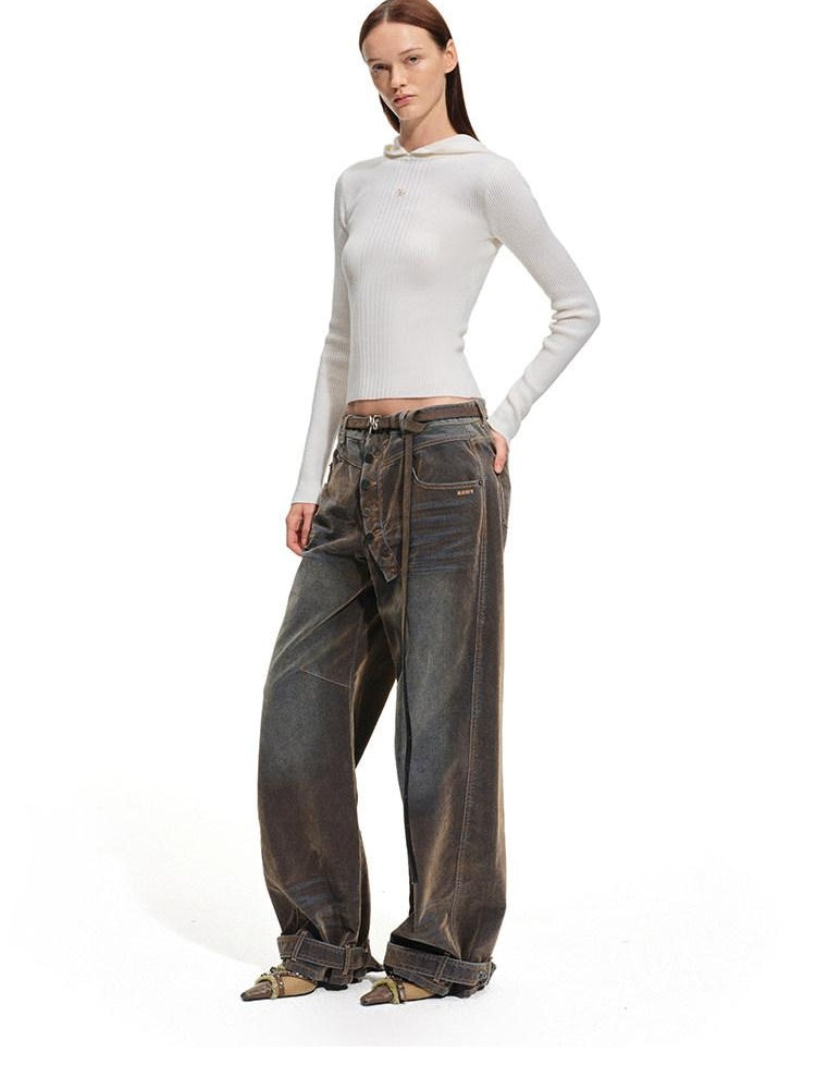NAWSNOTAWEAR Washed Vintage Low Rise Pocket Cotton Button Fly Tea Brown Women Wide Leg Jeans