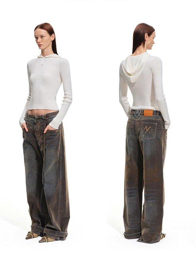 NAWSNOTAWEAR Washed Vintage Low Rise Pocket Cotton Button Fly Tea Brown Women Wide Leg Jeans