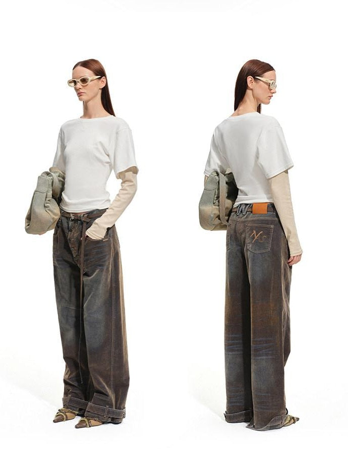NAWSNOTAWEAR Washed Vintage Low Rise Pocket Cotton Button Fly Tea Brown Women Wide Leg Jeans