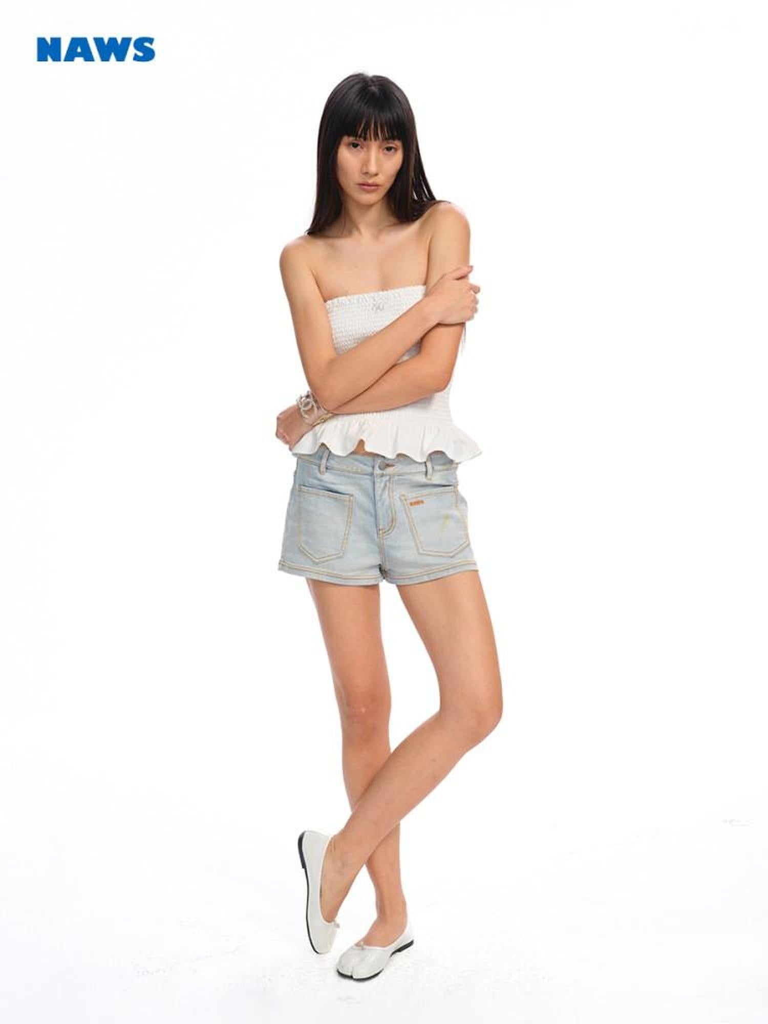 NAWSNOTAWEAR White Porcelain Slight Stretch Natural Waist Straight Button Fly Denim Shorts