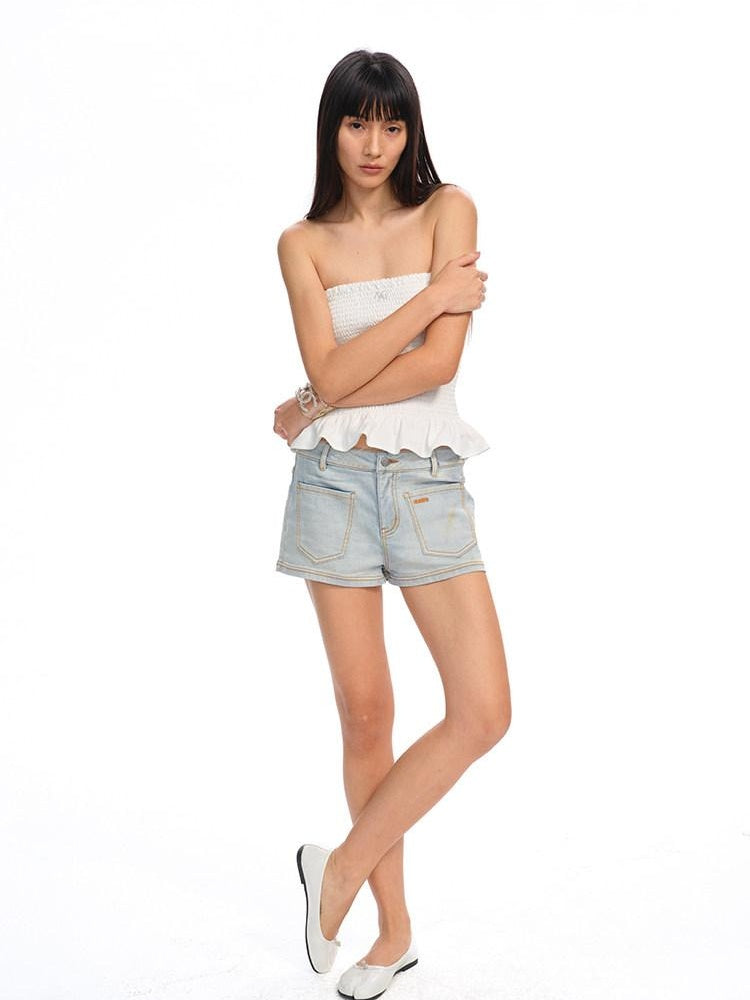 NAWSNOTAWEAR White Porcelain Slight Stretch Natural Waist Straight Button Fly Denim Shorts