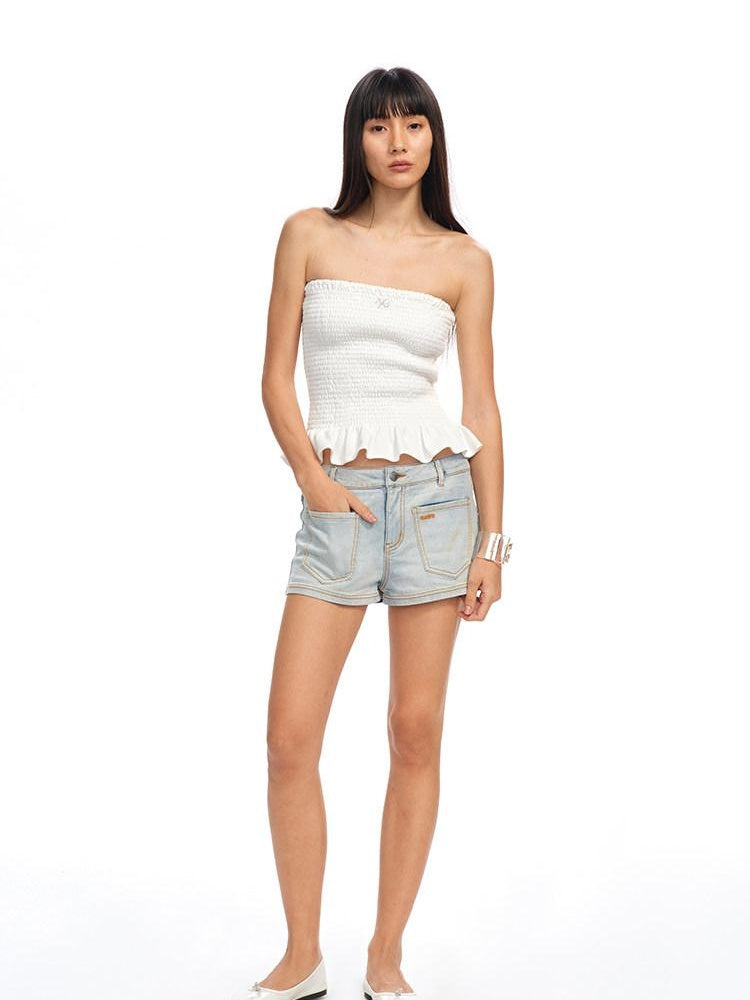 NAWSNOTAWEAR White Porcelain Slight Stretch Natural Waist Straight Button Fly Denim Shorts